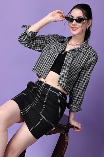 Image of POPWINGS Casual Pure Cotton Checks Crop Shirt for Women | Stylish Western Crop Shirt for Women | Full Sleeves Crop Shirt for Women