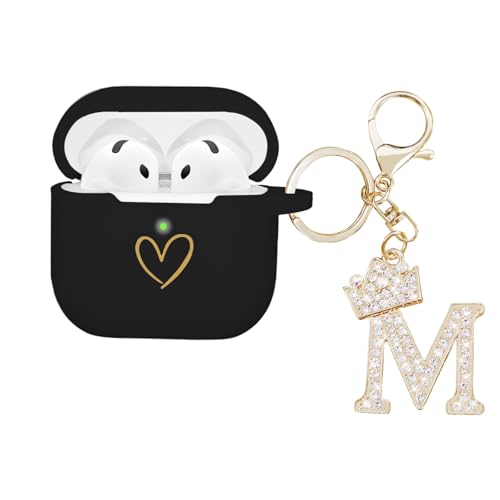 AIIEKZ Compatible with AirPods 4 Cover 2024, Soft Silicone Case With Gold Heart Pattern for 4th Generation, Rhinestone Studded Letter A-Z Keychain (M Black)