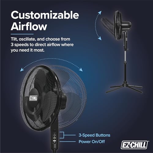 Image of EZ-Chill 16 inch Oscillating Pedestal Fan, 3-speed Options, 90-Degree Oscillating Head, Adjustable Height and Tilt, Powerful Air Flow, Black, MTFS-16B-BLK
