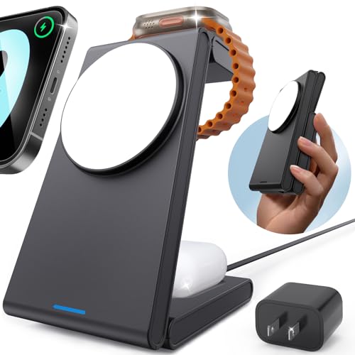 Foldable 3 in 1 Charging Station for Multiple Devices Apple, Travel Wireless Charger for MagSafe Charger Stand, Magnetic Charging Stand for iPhone 15/14/13/12 for Apple Watch AirPods Black