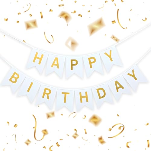 Image of White Happy Birthday Banner With Shiny Gold Letters- 16 ft Pre-Strung Gold & White Birthday Party Decorations Sign for Girls, Boys, Kids, Women - No DIY Hanging Backdrop for Indoor & Outdoor Celebrations