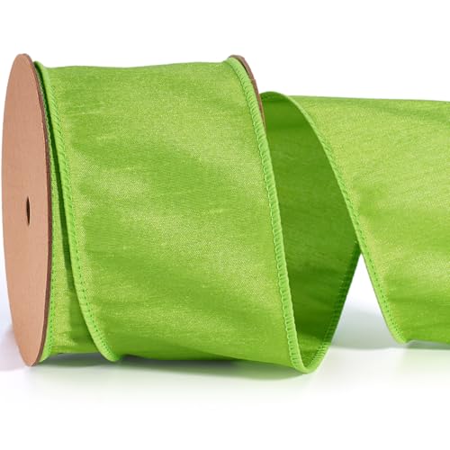Laribbons Green Wired Ribbon 2.5 Inch X 10 Yards, Lime Green Dupioni Spring Craft Ribbon With Wired Edge For Easter, Gift Wrapping, Floral Arrangements, Wreaths, Bows And Diy Decorations