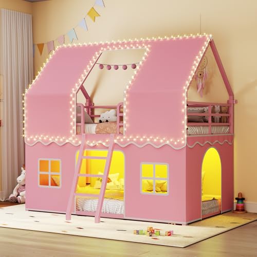 BTHFST Bunk Bed Twin Over Twin with Play Curtain House Bunk Bed with LED Lights Metal Kids Bunk Bed with Inclined Ladder and Guardrail Space Saving No Box Spring Needed Pink