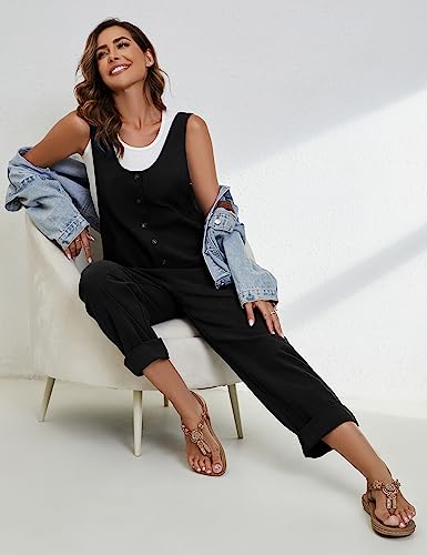 Image of Yeokou Womens Overalls Linen Cotton Jumpsuits Loose Casual Jumpers with Pockets