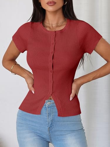 Image of Imily Bela Womens Short Sleeve Sweater Tops Summer Button Down Casual Ribbed Knit Slim Fit Cropped Cardigan Shirts