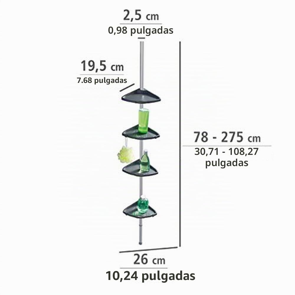 WENKO Rinconera para ducha telescópica Compact plata - 4 repisas, Aluminio, 26 x 78-275 x 19.5 cm, Plata