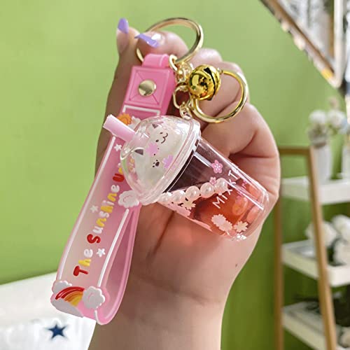 Ici-Rencontrer Cute Character Floating Cat Milk Tea Cup Design Backpack Car Key Pendant Kids Girls Women Handbag Wallet Clear Acrylic Glitter Liquid Keychain For Gifts Presents (Pink), 5 X 3 X 3.7 Cm #TOP1