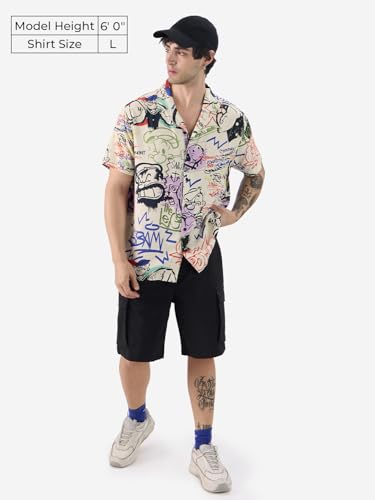 Image of The Souled Store Official Popeye: Graffiti Men and Boys Short Sleeves Collared Neck Button Front Multicolor All Over Printed Rayon Holiday Shirts