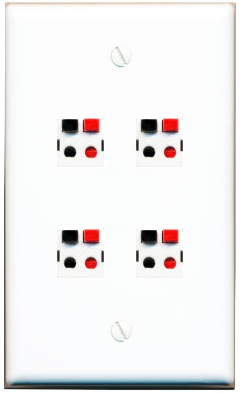 RiteAV 4 Port Speaker Wire Plug Jack Wall Plate - Flat Style [White]