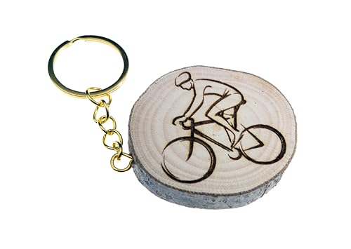 Llavero de madera natural con ciclista en bicicleta deportiva