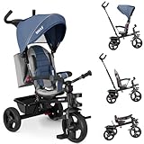 BAKAJI Triciclo Passeggino 4 in 1 per Bambini, Pedali o Manico Antiscivolo Ergonomico per Spinta, Sediolino Imbottito, Cinture di Sicurezza, Asta Direzionabile, Tettuccio Cappottino Parasole (Blu)