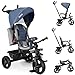 BAKAJI Triciclo Passeggino 4 in 1 per Bambini, Pedali o Manico Antiscivolo Ergonomico per Spinta, Sediolino Imbottito, Cinture di Sicurezza, Asta Direzionabile, Tettuccio Cappottino Parasole (Blu)