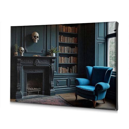 Toile décorative salon cosy avec fauteuil bleu et bibliothèque vintage DRPZ 40x60 cm