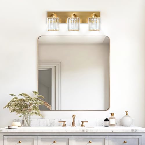 Image of Gold Crystal Bathroom Vanity Light, 3-Light Modern Bathroom Lighting Fixtures Over Mirror,Chrome Wall Sconce Light Fixtures with Square Shade