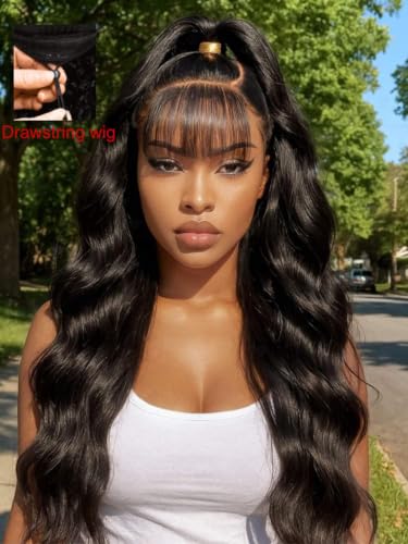 Image of Beauty Forever 13x4 Lace Front Human Hair Wig Pre Everything Loose Wave Glueless Wig with Wispy Air Bangs Side Part Fluffy Wave Drawstring Wig Pre Plucked Pre Cut Bleached Knots 150% Density 22inch
