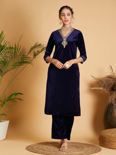 Image of Women's Velvet Floral Embroidered Straight Kurta | Round Neck Three-Quarter Sleeve Calf Length Kurti with Thread Work