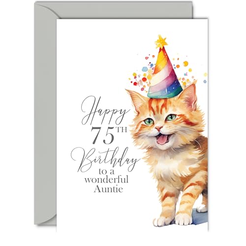75th Birthday Cards for Auntie - Party Cat Kitten - Happy Birthday Card for 75 Year Old Aunt from Nephew Niece, A5 Bday Women Woman Her Greeting Cards Gift for Aunty Birthday Gifts