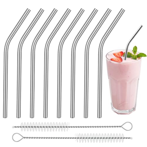 LIQWEI Lot de 8 pailles courtes courbées en acier inoxydable avec 2 brosses de nettoyage - 15,2 cm - Réutilisables - Pour tasses à café, petits verres et tasses