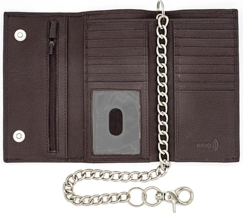 Long Trifold Leather Wallet for Men, Checkbook Cover, RFID Blocking chain wallet Card Slots, Zipper Coin Pocket - Biker Stainless Chain Design in the U.S.A (J212C-WC, Brown)
