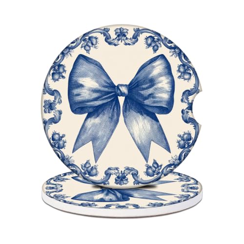 Blue Bow Cup Coasters for Cup Holders 2 Pack, Absorbent Ceramic Car Cup Holder Coaster Anti Slip Liners for Women Men, 2.56 Inch