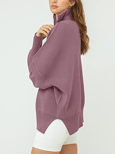 Image of ANRABESS Womens Oversized Quarter Zip Pullover Sweaters | Fall Fashion Outfits, Long Sleeve Slit Side, Baggy Loose Fit, 1 /4 Zip Lapel Collared, Ribbed Knit Soft Warm Winter Clothing