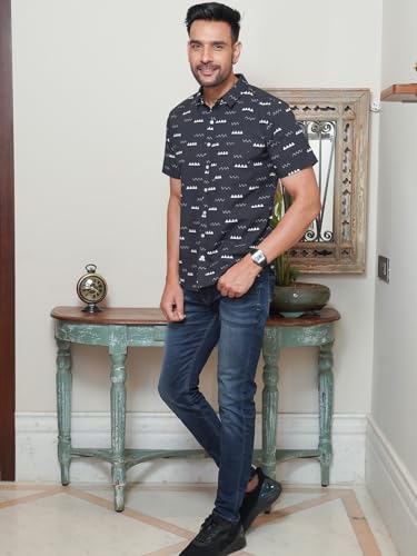 Image of Black Cotton Shirt with White Color Abstract Print | Lightweight Airflow Tech - Advanced breathable weave provides excellent ventilation during hot weather or parties.