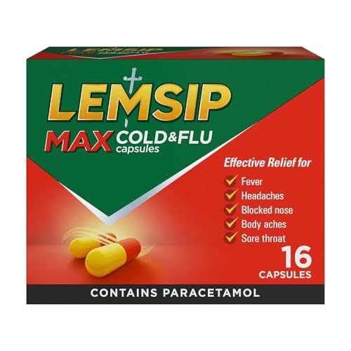 Lemsip Max Cold and Flu Paracetamol Capsules Lemon 16 Total Fever Headache Nasal Congestion Relief Max Strength Effective Relief Medication