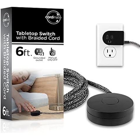 Cordinate Extension Cord with Switch On/Off Plug, 6 Ft Braided Power Cord Outlet Switch, 3 Prong, Slip Resistant Base, Tabletop or Wall Mount, Perfect for Lamps/Holiday Lights, Black, 48728 Cover