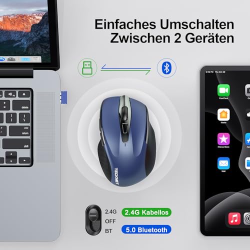 TECKNET Bluetooth Maus 4800 DPI, BT 5.0/3.0+2.4G, 30Monate Batterielaufzeit – Ansicht 2