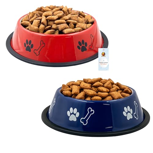 Image of Foodie Puppies Stainless Steel Dog Bowl Combo - (Medium, 700ml) Food and Water Feeding Gift Bowl | Suitable for Dogs, Cats and Other Pets I Paw Bone Print, Anti-Skid Rubber Base (Red + Blue)