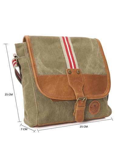 Image of Canvas Messenger Bag with Leather Trim, Olive Green with Red Stripe, Vintage Style Shoulder Bag