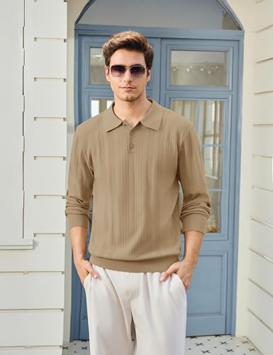 Cotrasen Mens Knit Polo Sweaters Long Sleeve Polo Lightweight Casual Dress Collar Pullover Sweaters Textured3