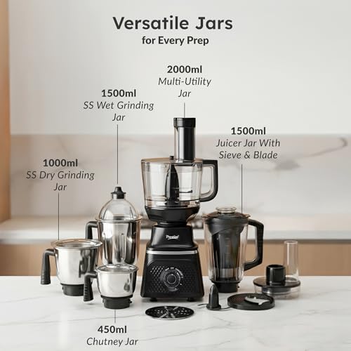 Image of Prestige Prisma Pro 750W 5 Jars Mixer Grinder|Stainless Steel Jars 3U, Multi Utility Jar 1 U, & Juice Jar 1 U|6 Super-Efficient Blades|Black & Silver