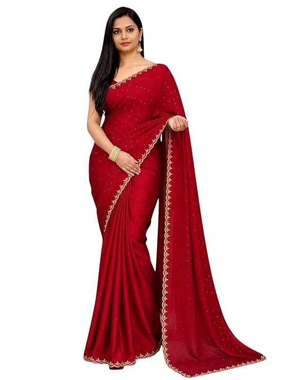 indian fashionista Women's Georgette Stone Work with Border & All-Over Stone Embellishments Saree with Blouse Piece (5.5m Saree + 0.8m Blouse)-picture-0