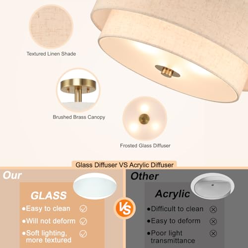 XiNBEi Lighting 16inch Semi Flush Mount Ceiling Light, 3-Light Brass Double Drum Light Fixture with Linen Shade Close to Ceiling Lamp for Bedroom Living Room Kitchen XB-SF1289-BS - Image 4