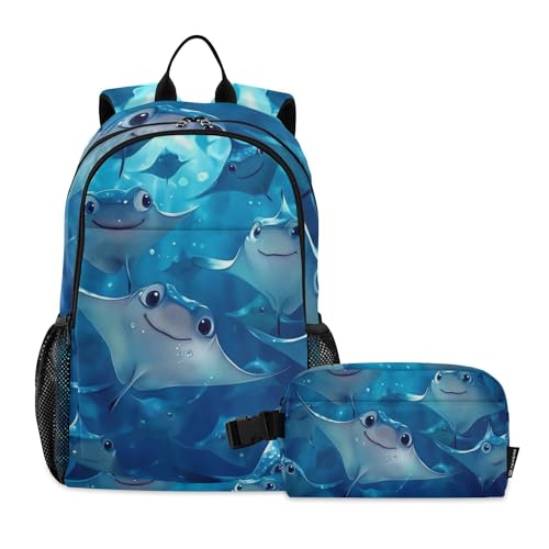 Blue Ocean Cute Stingray Fish Backpack with Lunch Bag for Boys Girls, Travel School Backpack Set