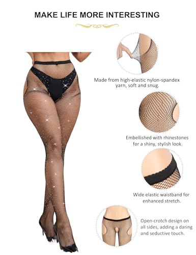 Image of ohyeah Women Fishnet Stockings Plus Size Sparkly Tights XS-5XL Suspender Pantyhose High Waist Rhinestone Legging