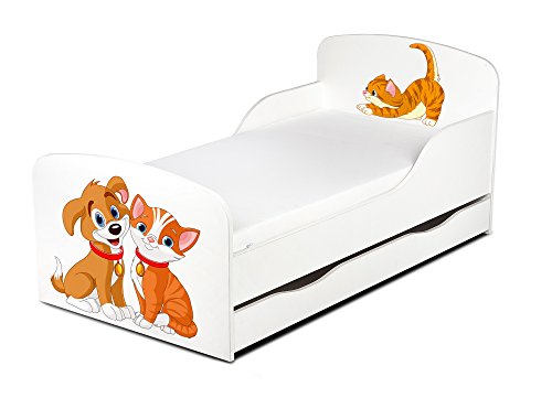 Leomark Cama Infantil Completa de Madera - Gatito y Perro - Marco de Cama, Colchón, Somier, Cajón, Blanco Muebles para Niños, Moderno Dormitorio, Impresa Mobiliario, Espacio para Dormir: 140/70 cm