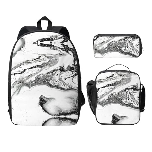 Sac à dos marbre noir et blanc 3 pièces avec lunch box et trousse d'école