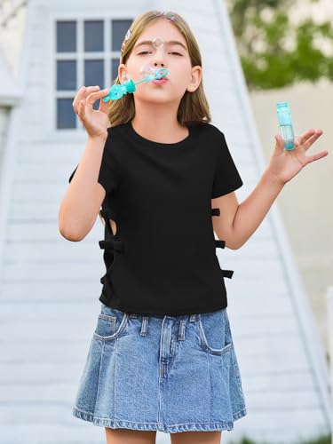 Image of Haloumoning Girls Short Sleeve Shirts Kids Summer Casual Side Bow Knit Tops Tees 5-14 Years