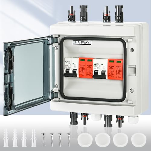 Warmfay Überspannungsschutz PV DC1000V Blitzschutz Leitungsschutzschalter 32A DC Trennschalter PV Anlage 2 String IP65 Wasserdicht & UV-Beständig Solar Anschlusskasten 2 in 2 out