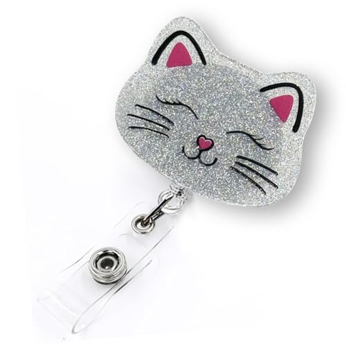 Cute Cat Badge Reel Retractable for Nurse Nursing RN Medical Worker & Teacher | Smiling Cat Funny Animal Pediatric Nurse Badge Holder with Alligator Clip & 24” Durable Nylon Retractable Cord | Acrylic