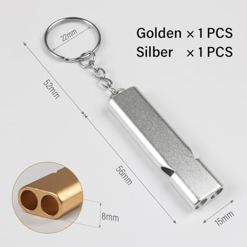 FOMGIIN 2 Stück Trillerpfeife, Whistle Signalpfeife Notfall Laut, Metall Trillerpfeifen Notfallpfeife mit Schlüsselanhänger, Outdoor Emergency Schiedsrichter Survival Pfeife（Golden, Silber）