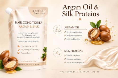 Image of Hair Conditioner Refill Pack 1 Litre | Argan & Silk | Professional Hospitality Conditioner for Hotels, Resorts & Guest Houses | Paraben Free | Dispenser Refill Pouch