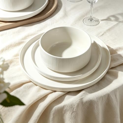 Image of Stoneware Dinnerware Sets for 4, 12Pcs Plates and Bowls Set, Cream White | Handmade Reactive Glaze Ceramic Dishes, Microwave and Dishwasher Safe, Modern Minimalist Ribbed Tableware for Everyday Use