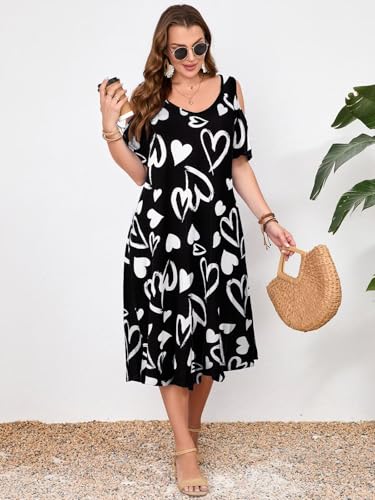 Image of LARACE Plus Size Women Dress for Summer, Midi Women's Sundress, Casual V-Neck Short Sleeve Flowy T-Shirt Dresses with Pockets