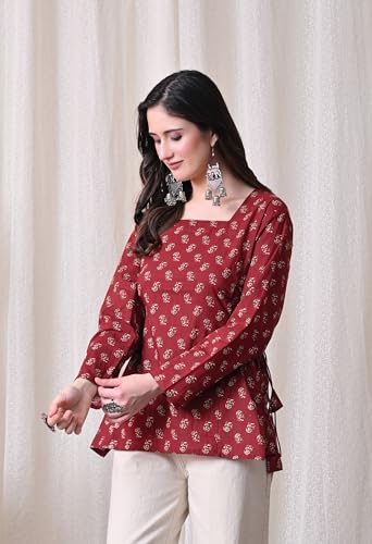 Image of MEERA FAB Women's Floral Printed Cotton Short Kurta Square Neck | Floral Printed Kurta with Full Sleeves | Short Kurti for Women