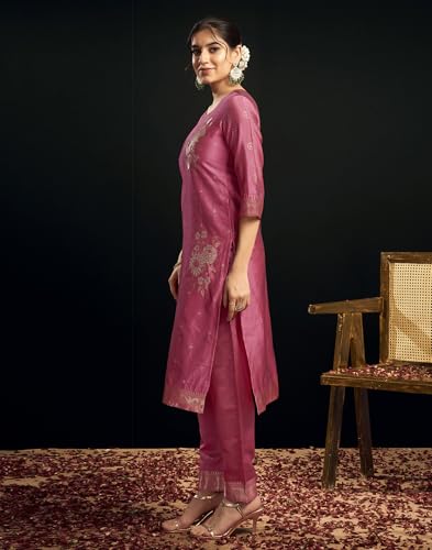 Image of SIRIL Women's Rayon Viscose Banarasi Jacquard Zari Woven Straight Kurta Pant with Dupatta Set