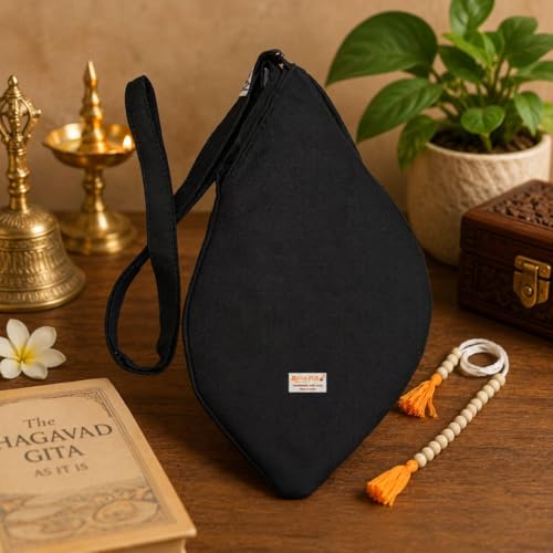 Image of Original Pure Cotton Gomukhi Japa Mala Bag /Chanting Bag or Beads Bag /Jholi /Thole with Zip Pocket and Sakshi Mala Counter, Colour; Black (Pack of 1)
