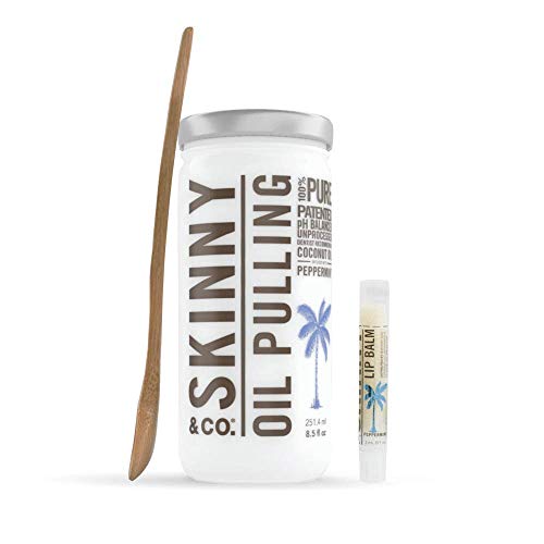 SKINNY & CO. Peppermint Coconut Oil Pulling Kit -- Includes 100% Raw Coconut Oil, Bamboo Spoon, & Coconut Lip Balm-For Healthier Teeth & Gums, Natural Teeth Whitening, Cleaning, Chemical Free, 8.5 oz.